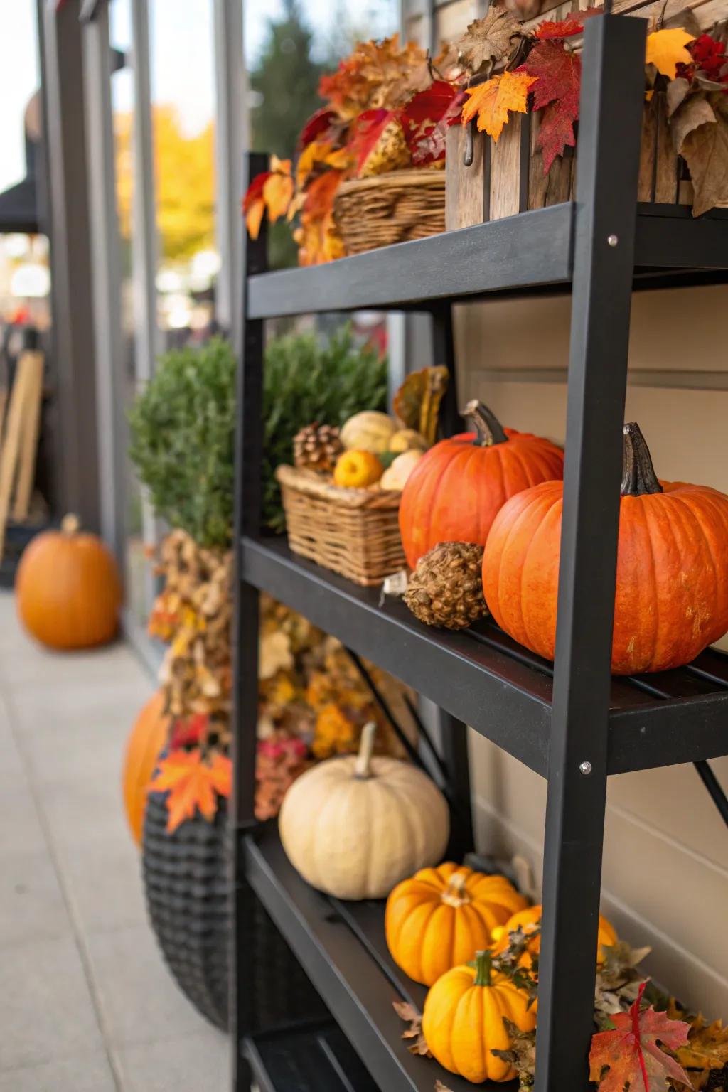 Seasonal design elements mirroring the present season on a dark shelf.