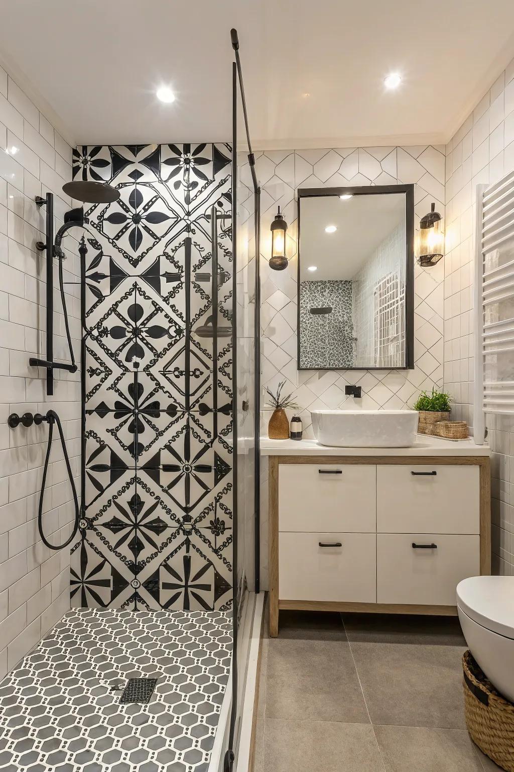 Geometric patterns add a playful twist to your bathing space.