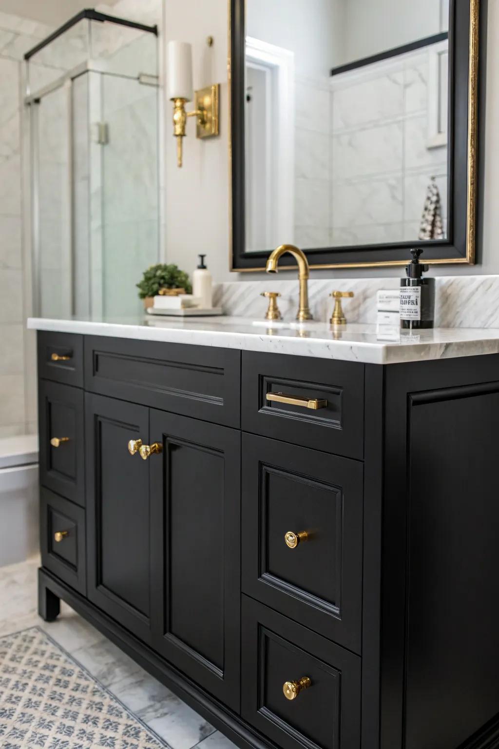 Metal details elevate a dark sink console with a touch of timeless elegance.