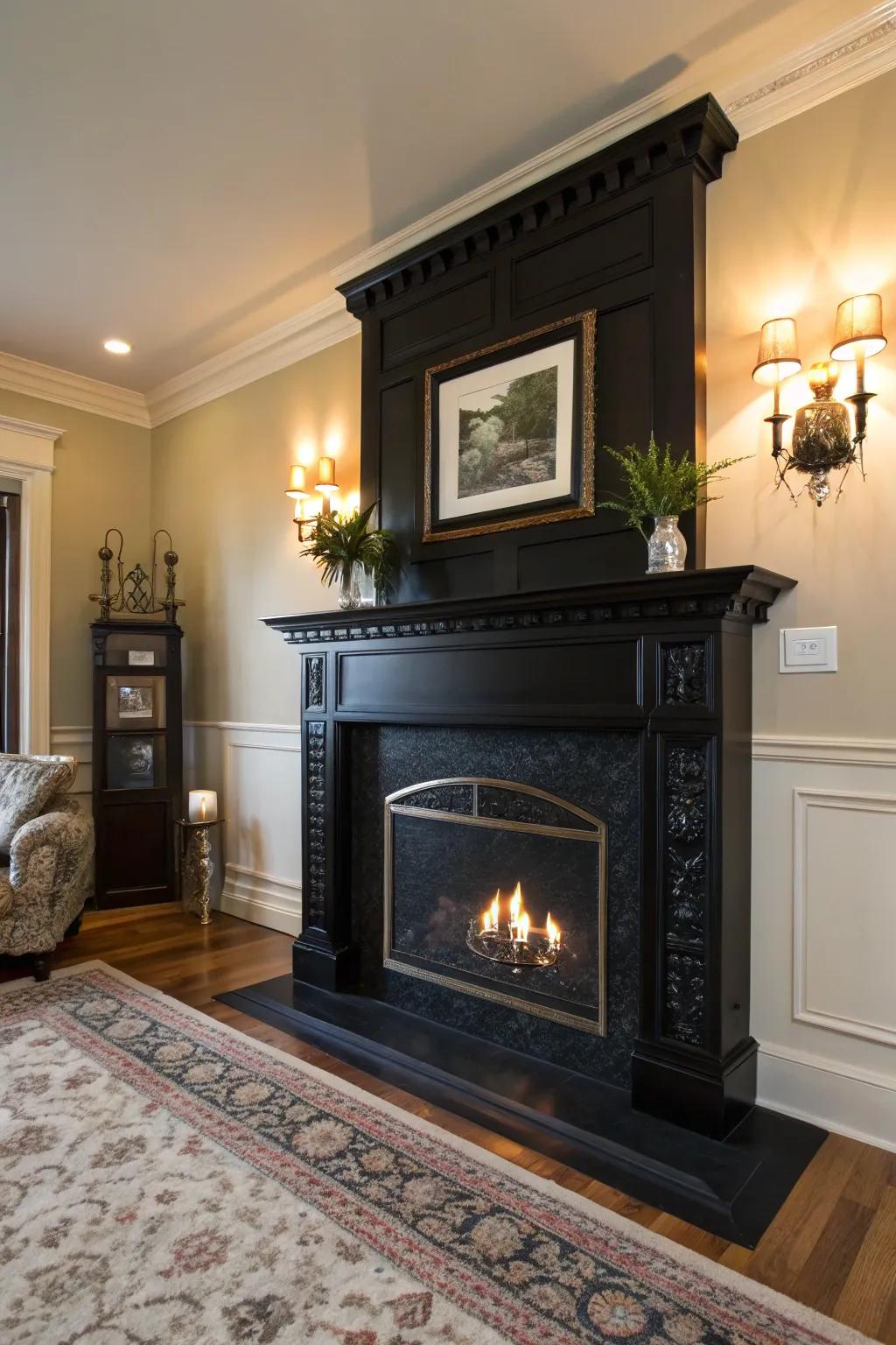 A dark-painted fireplace as the room's focal point.