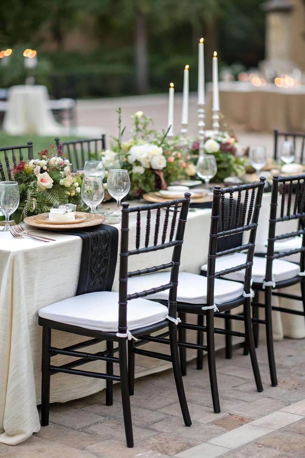 Dark frames with pale pads complement the table decor.