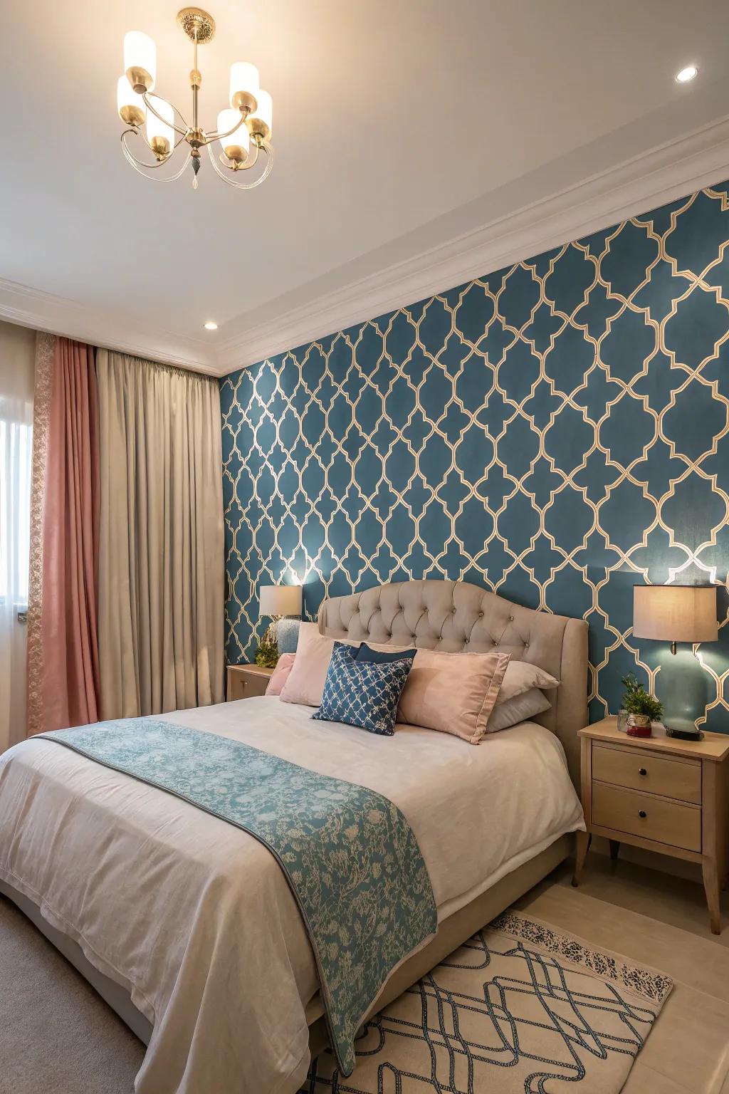A feature wall with a striking pattern brings an unexpected flair.