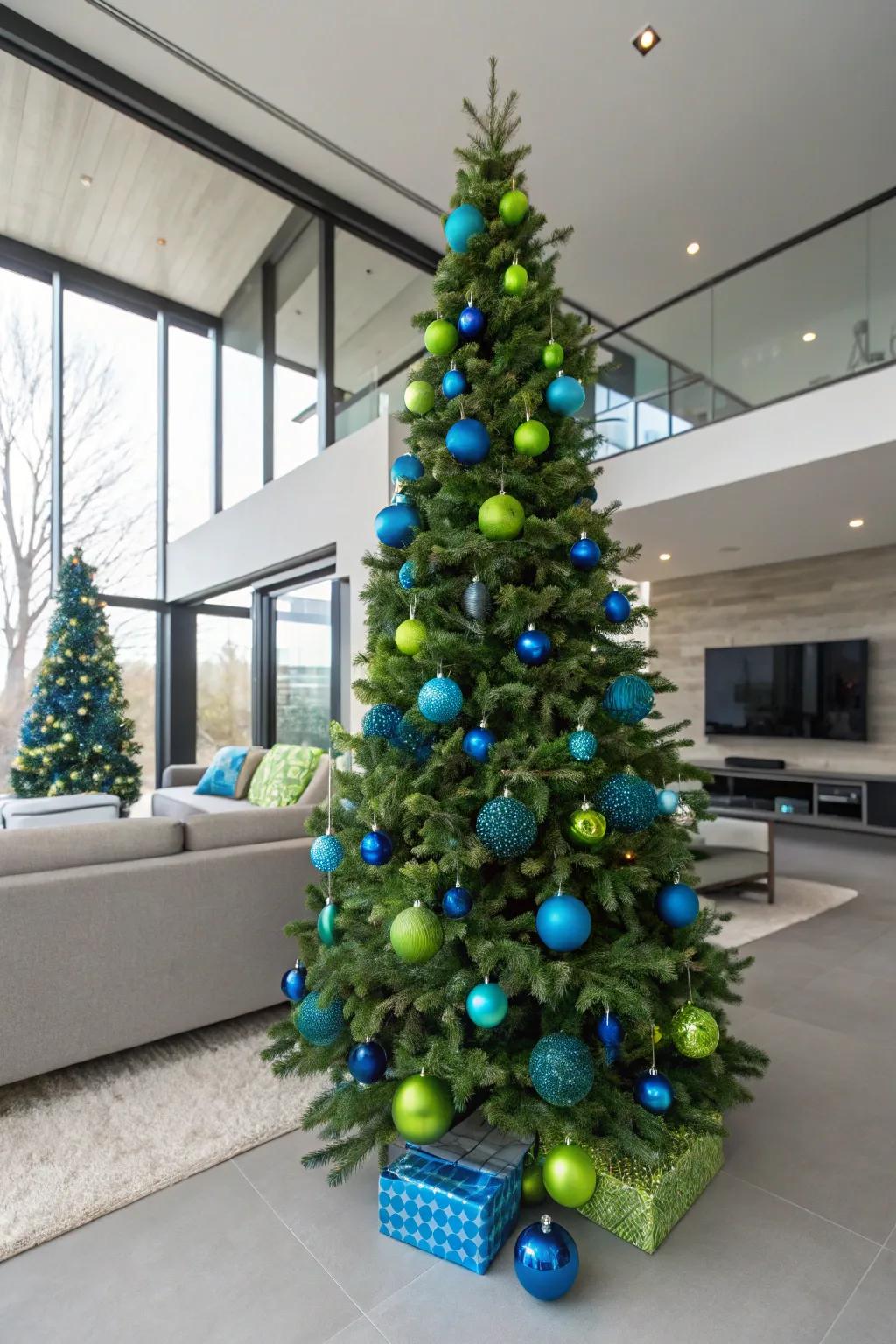 An electric blue and neon verdant tree showcasing a bold and contemporary look.
