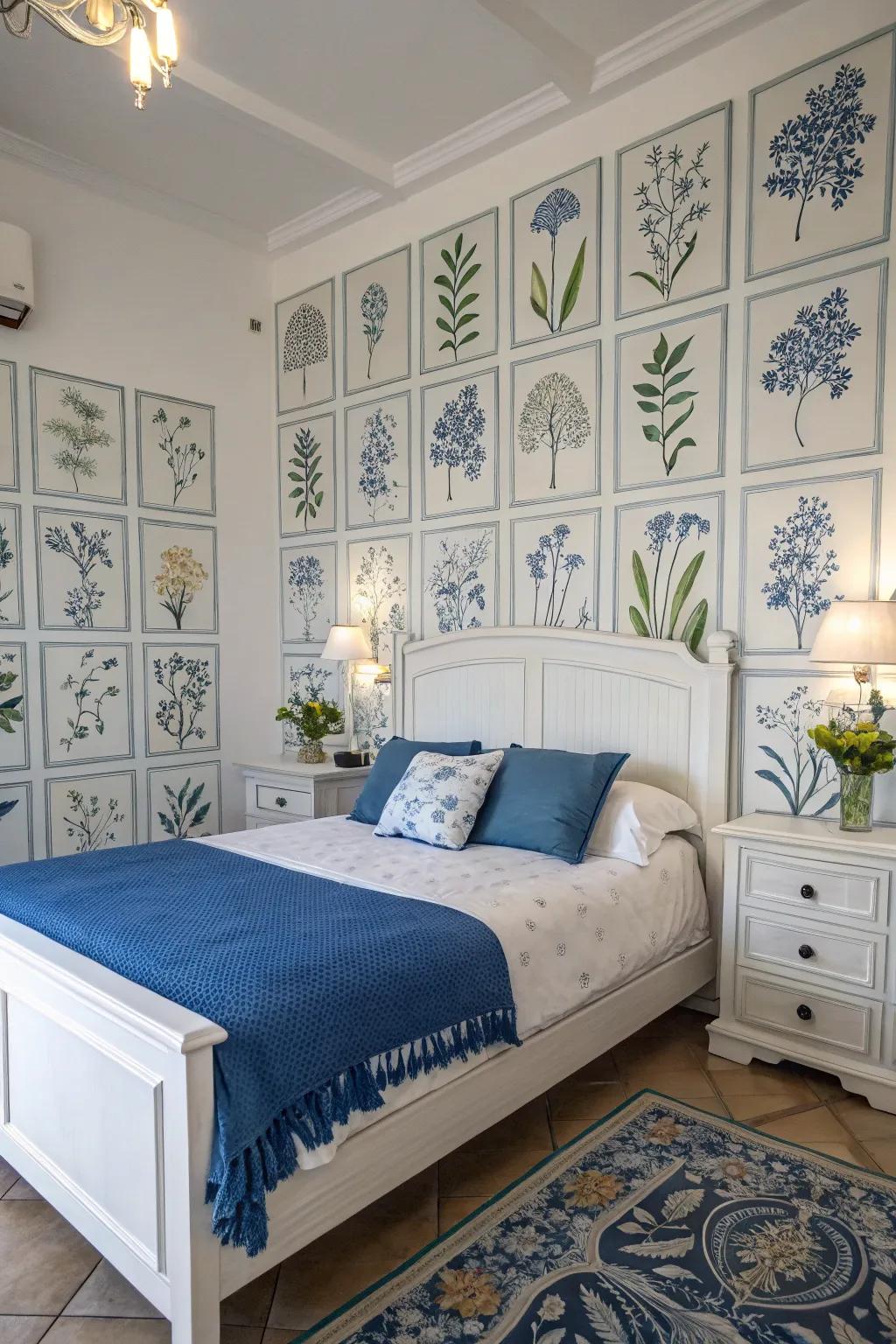 Plant-inspired prints add an organic element to a blue and white bedroom.