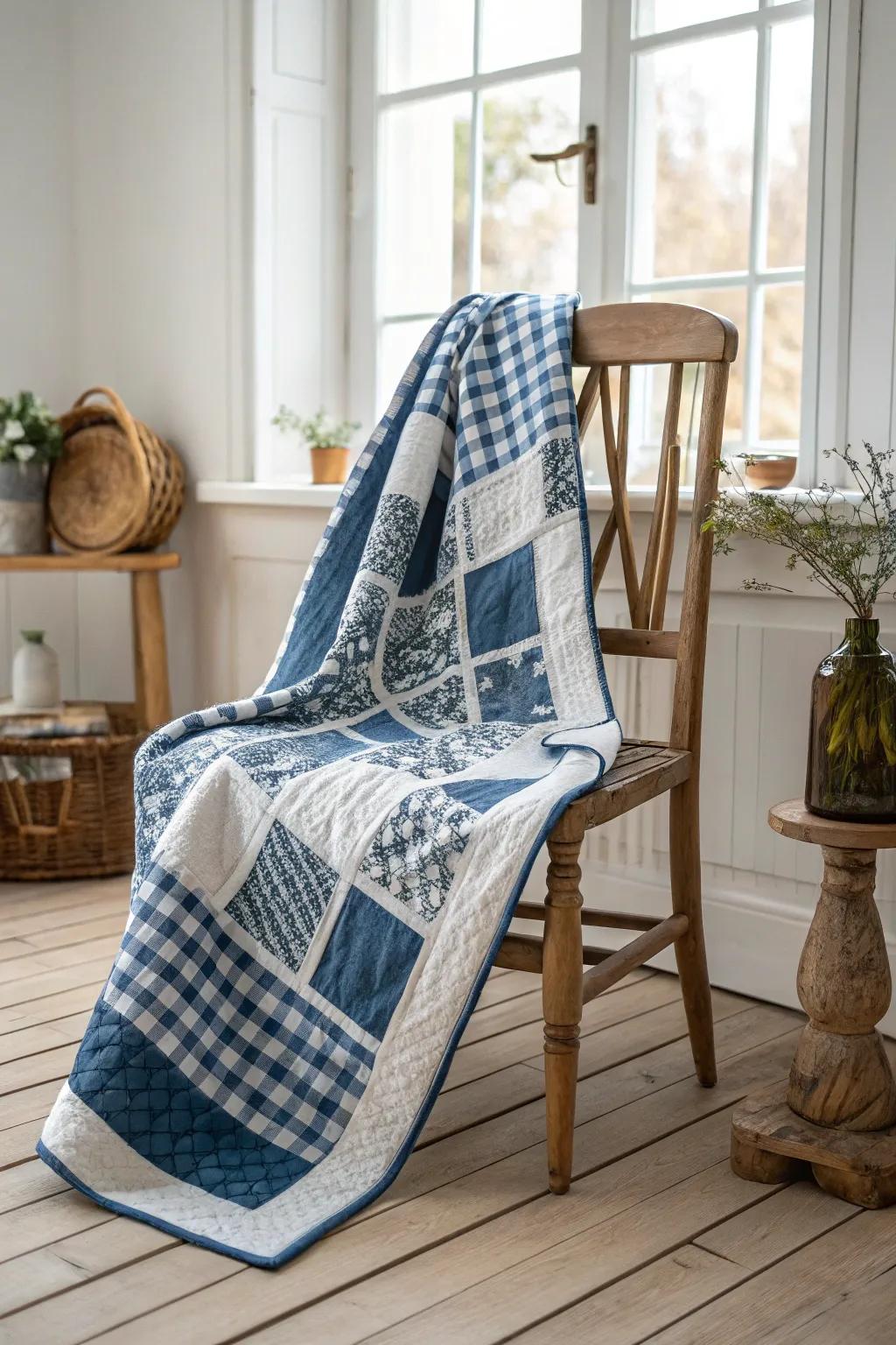 Embrace down-to-earth homestead appeal through this snug blue and white quilt, ideal for bringing warmth to any area.