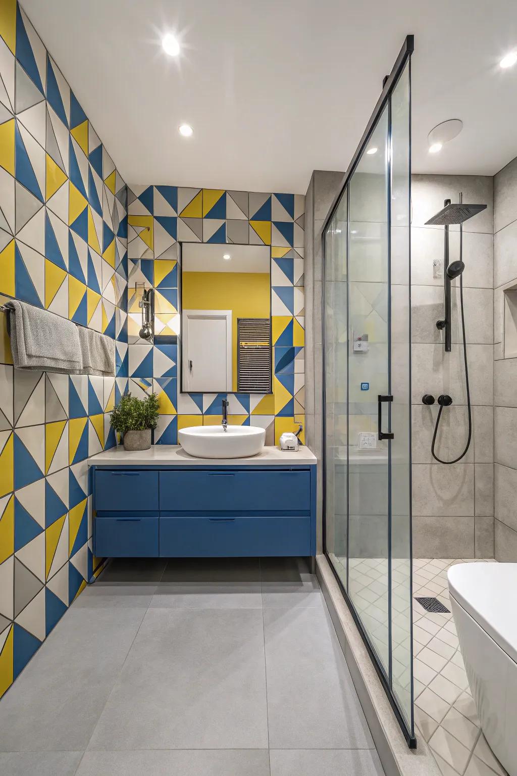 Geometric patterns in tiles provide a modern twist to a blue and yellow bathroom.