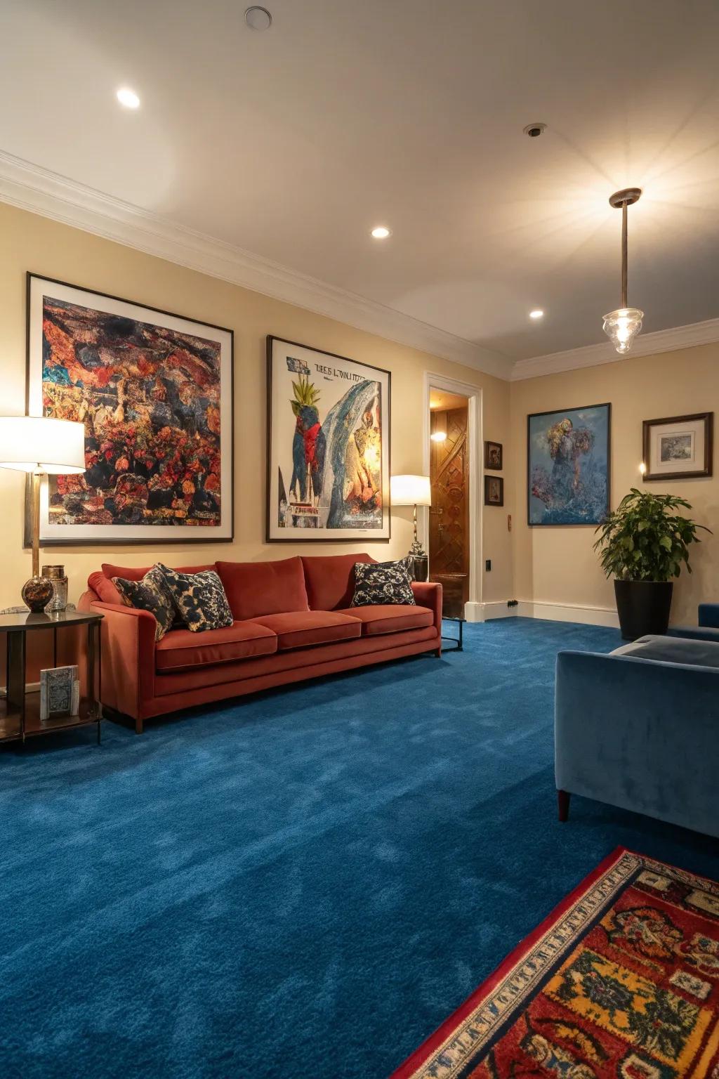 Statement art and blue carpet amalgamate for a sophisticated, artful living sphere.