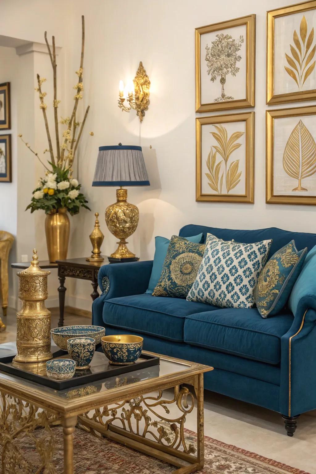 A luxurious living room featuring azure and gilded decor.