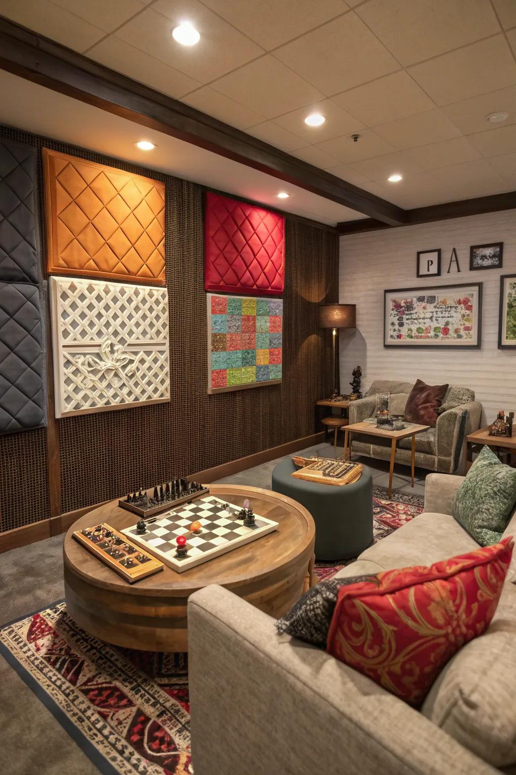Acoustic panels enhance sound quality and add a decorative touch.