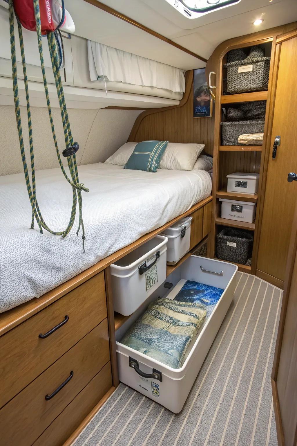 Under-bed storage ideas within a boat's bedroom.