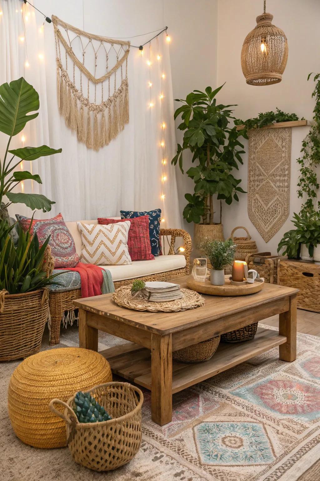 Raw timber elements bring warmth and grounding to the boho glam look.