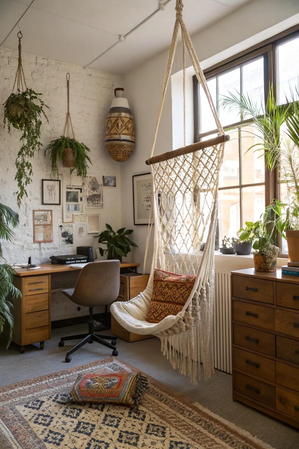 An unconventional hanging chair introduces a playful touch to the office.