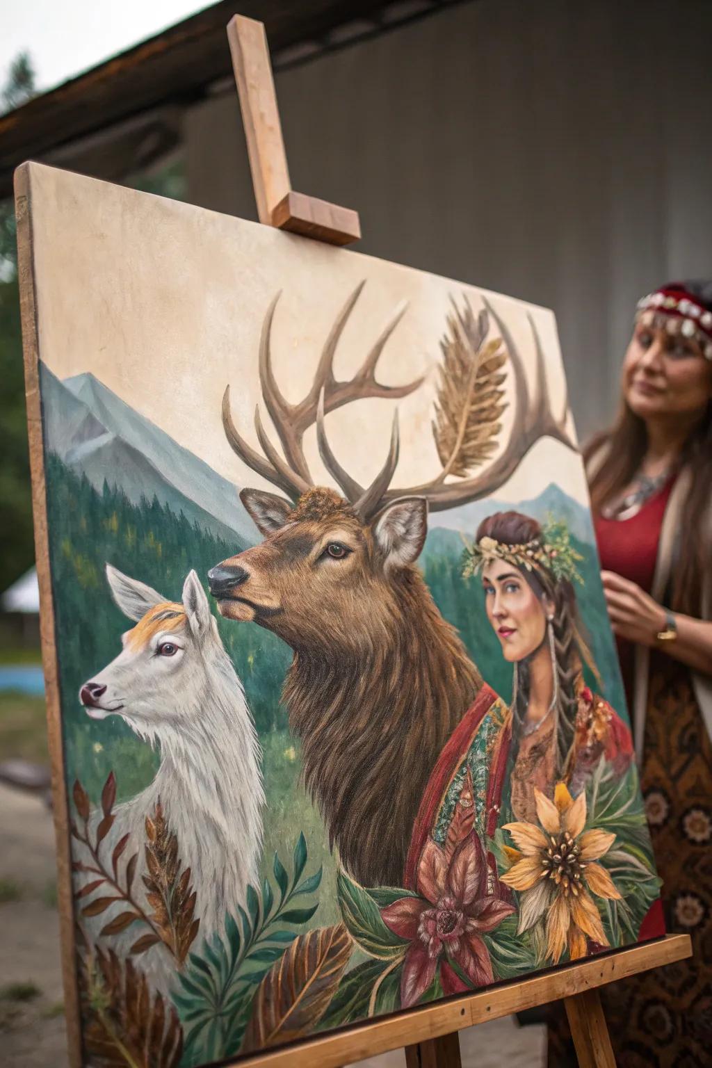 A boho painting that draws inspiration from the symbolic power of animal totems.