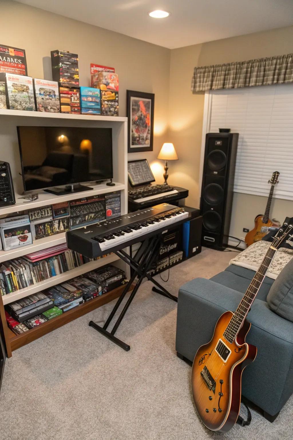 A music corner builds harmony to your game room configuration.