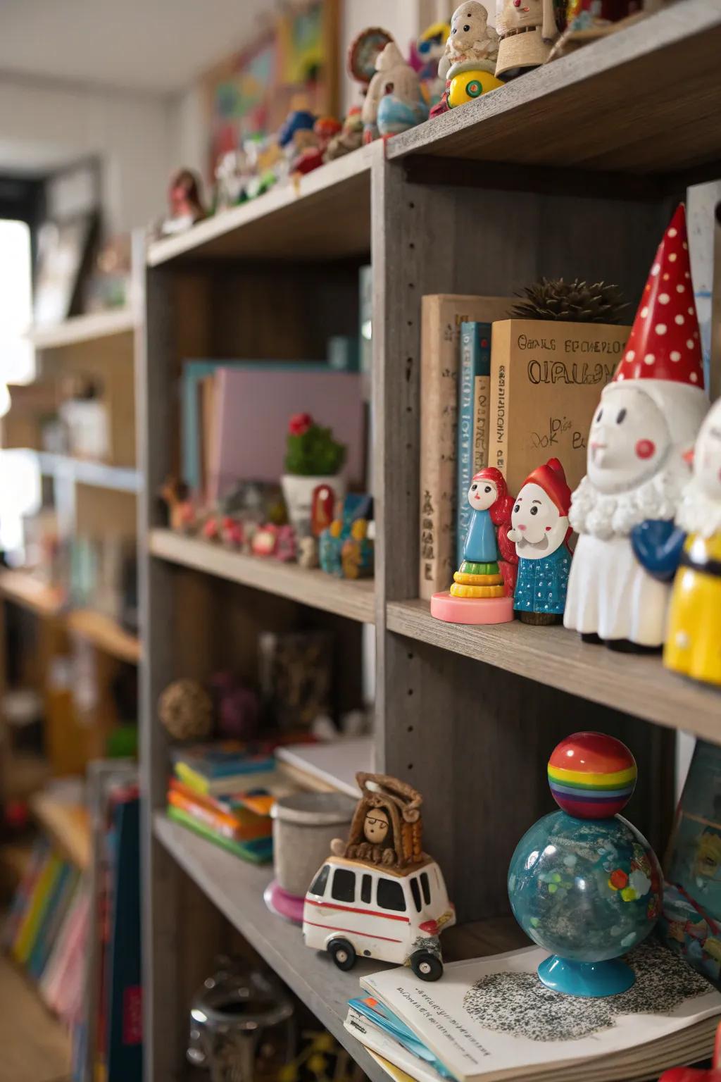 Playful decor items add character and charm to a bookshelf.