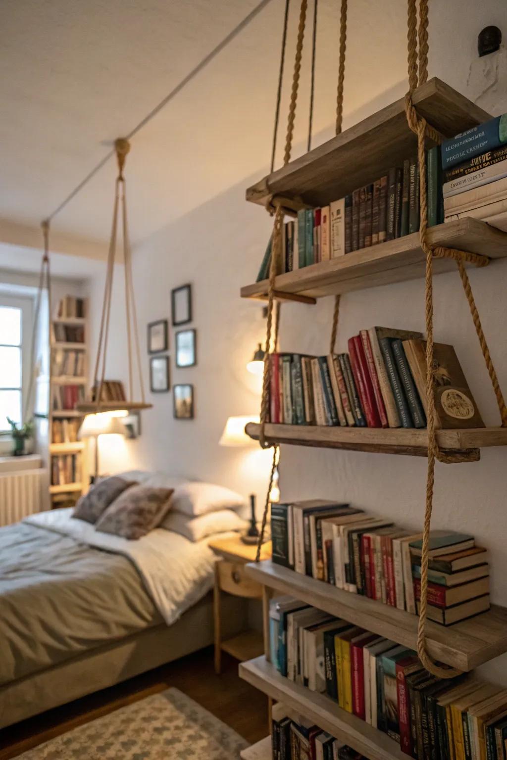Suspended shelves that impart a unique character to the bedroom.