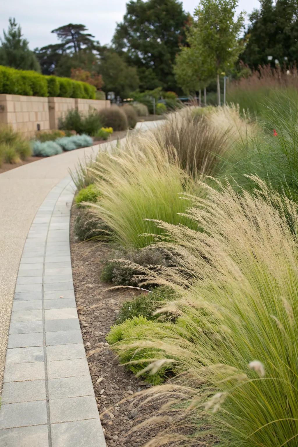 Water-saving grasses create a sustainable garden edge.