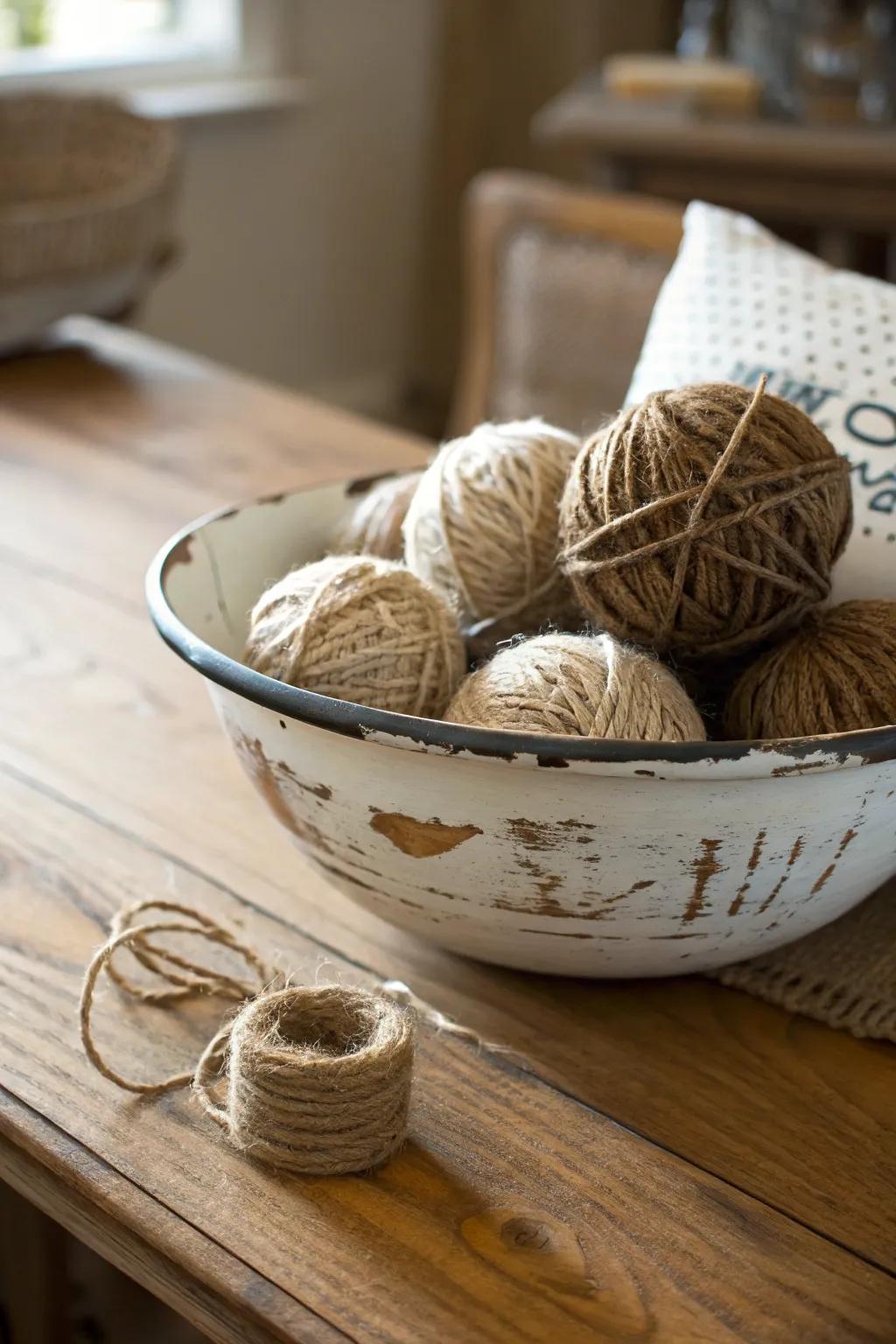 A farmhouse-style bowl filled with jute spheres