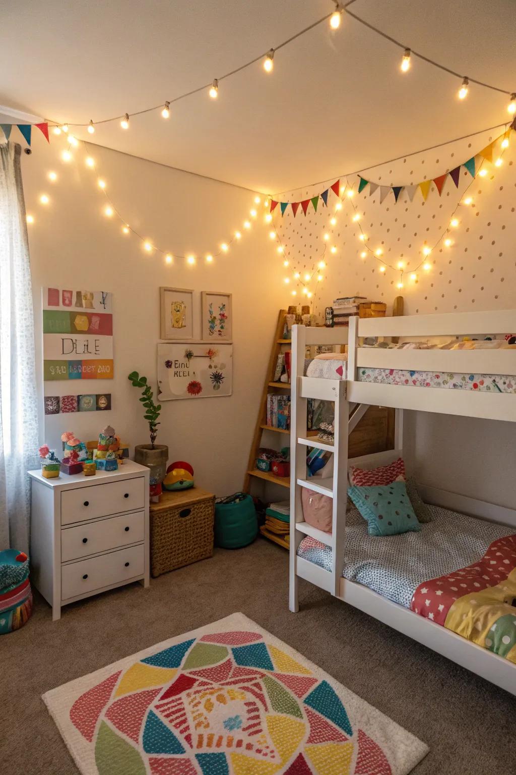 Dangling lights add a fanciful vibe to a shared room.