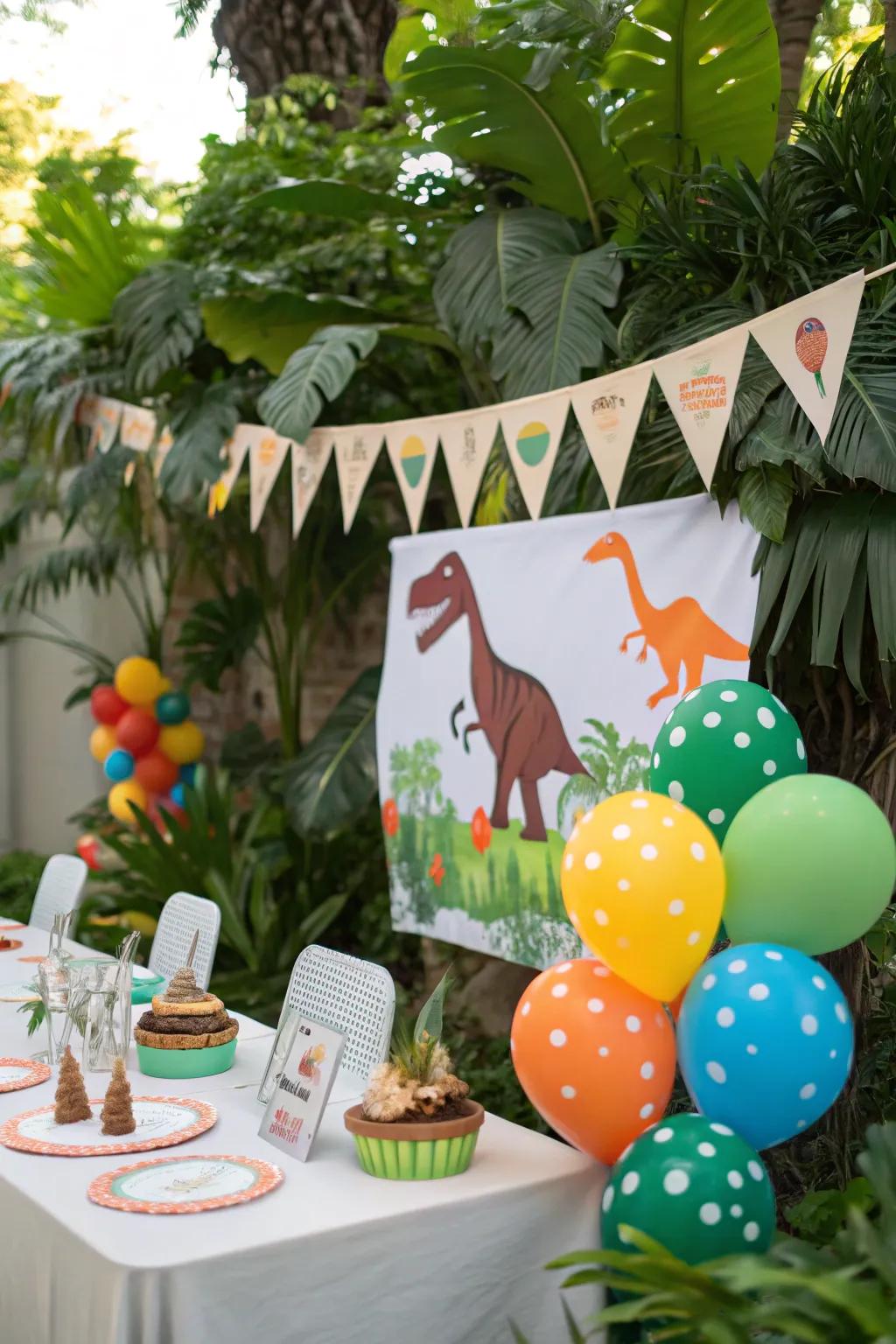A dinosaur-themed baby shower featuring roaring decorations and amusement