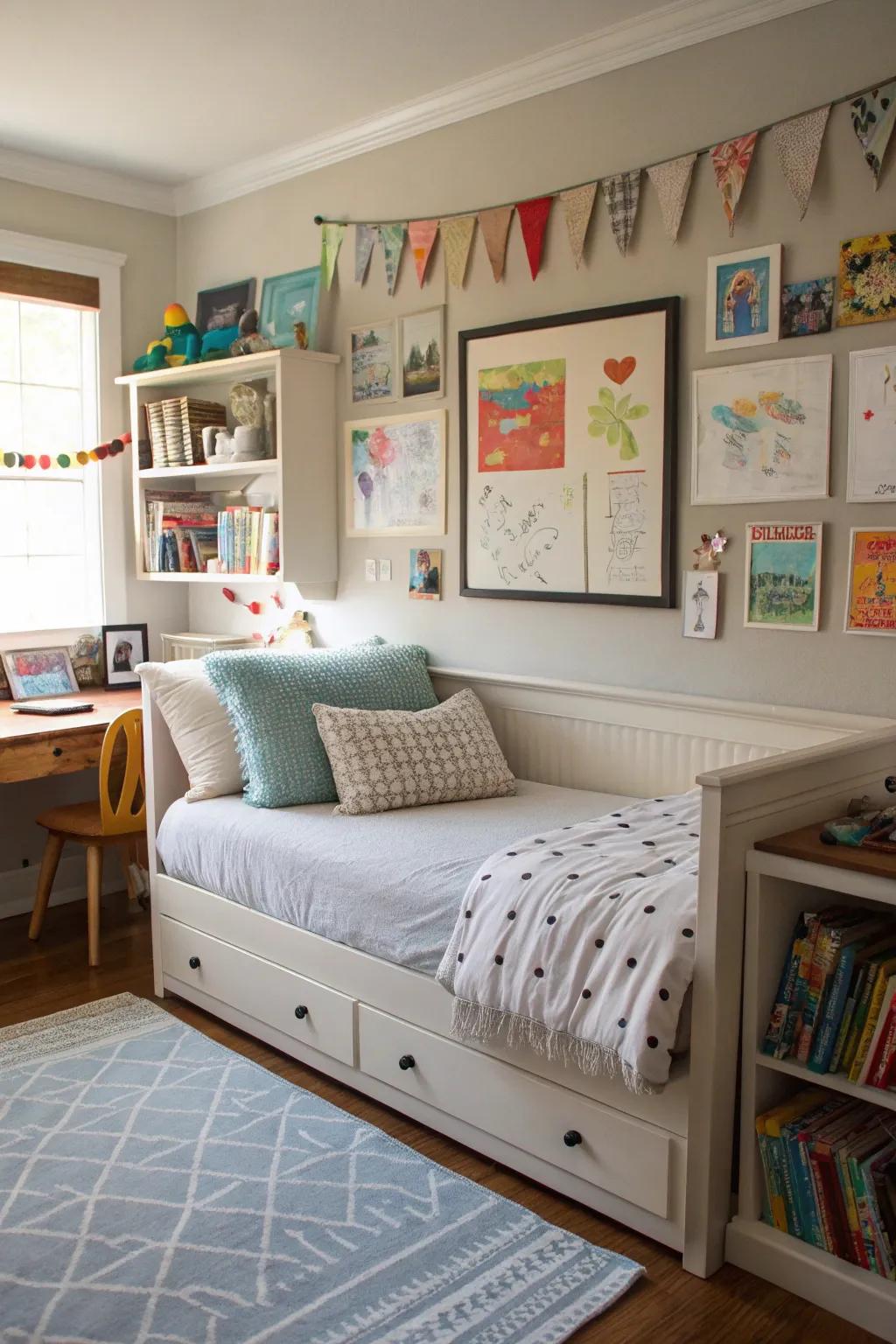 Celebrate uniqueness via a customized art display above the daybed.