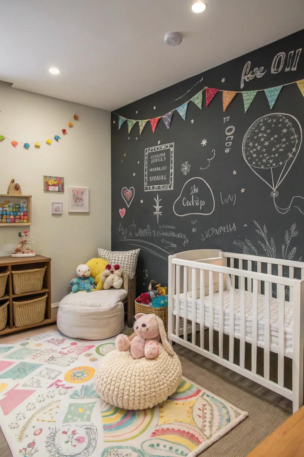 A blackboard wall encourages creativity and interaction.