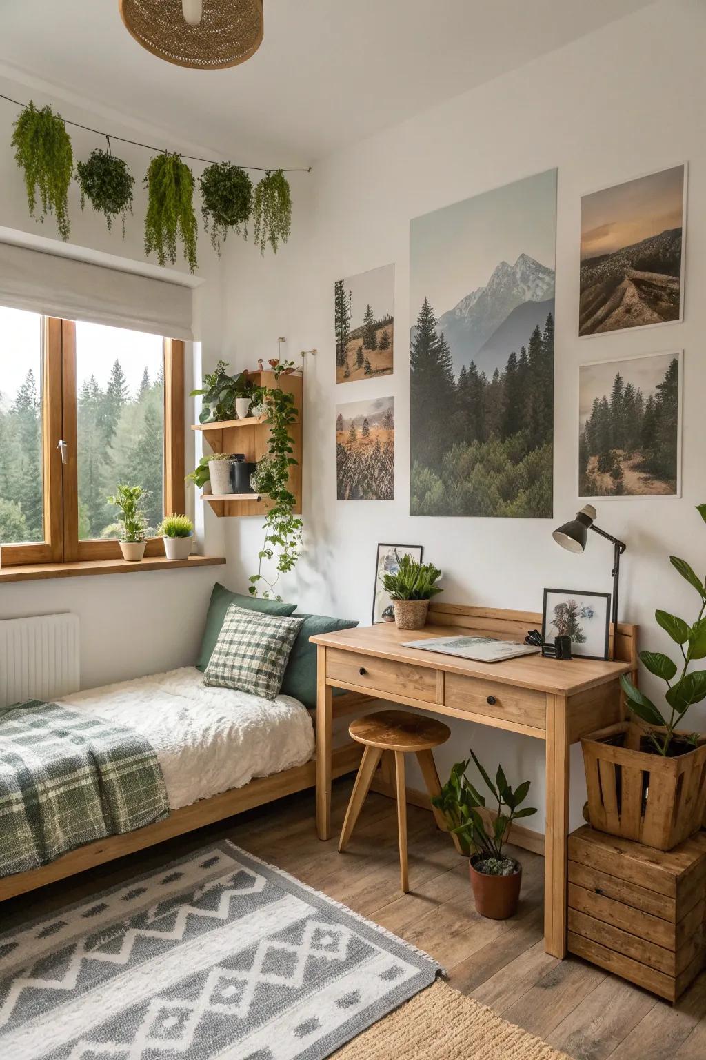Natural elements contribute freshness and vibrancy to the room.