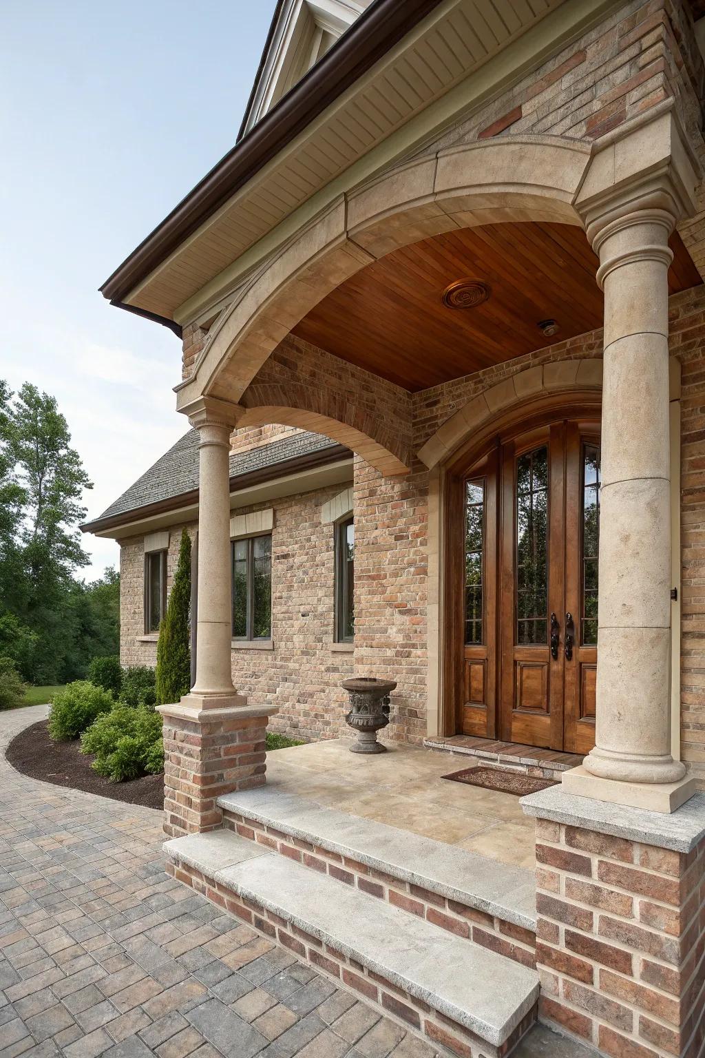Brick and rock combine to craft a porch with enduring elegance.