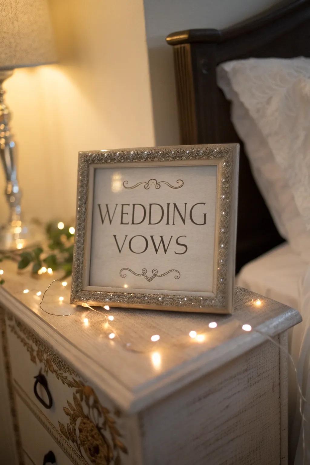 A casing featuring wedding vows, proffering a heartfelt reminder of your special day.