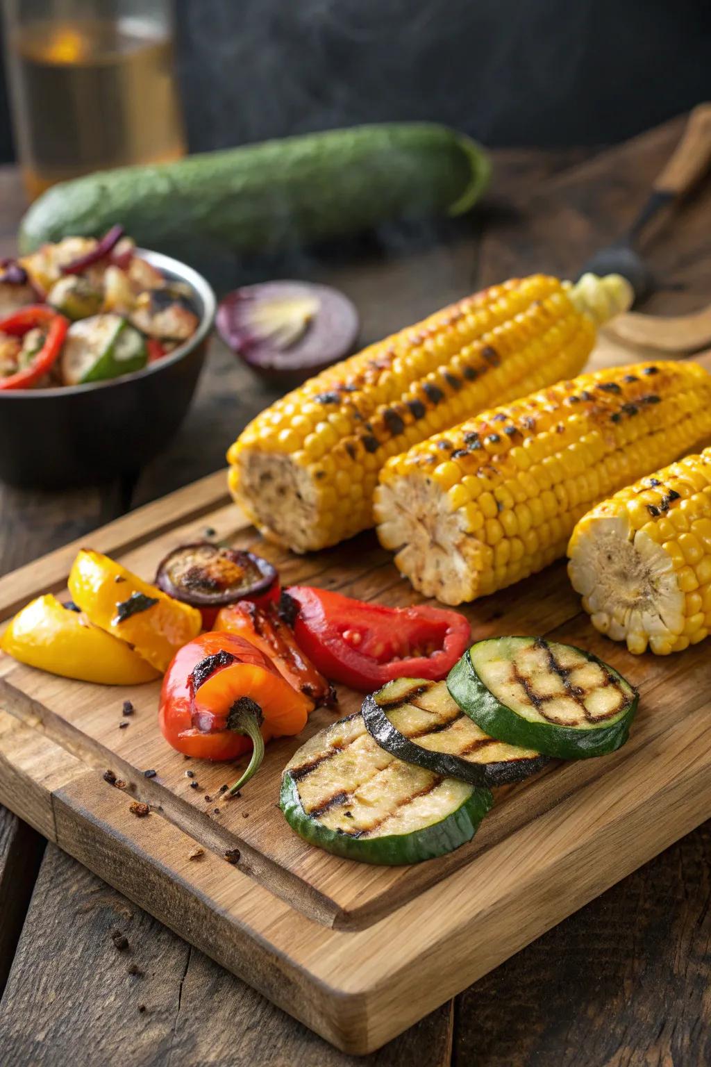Grilled maize and garden greens add color and taste.