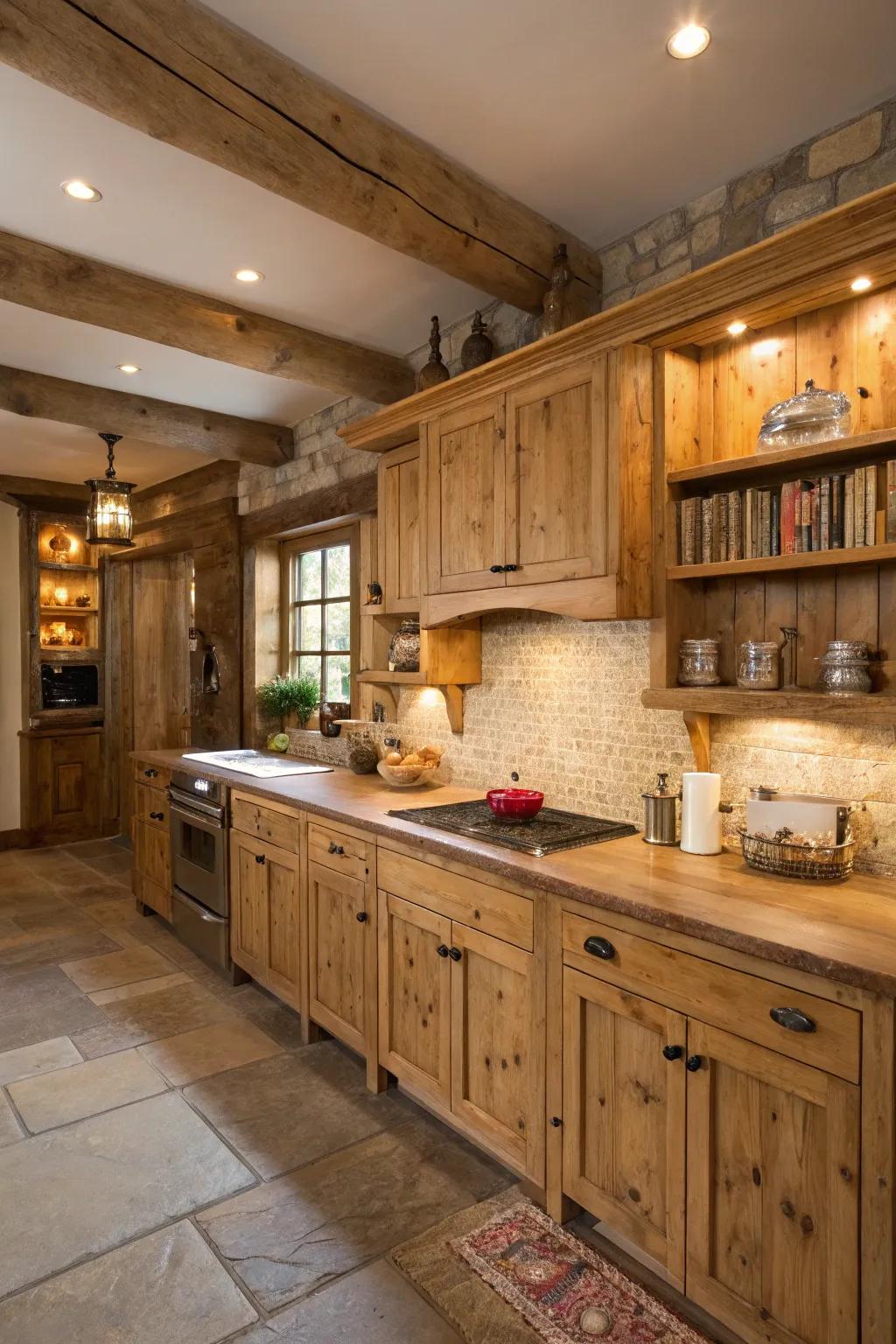 Organic wood textures offer a snug, rustic charm.