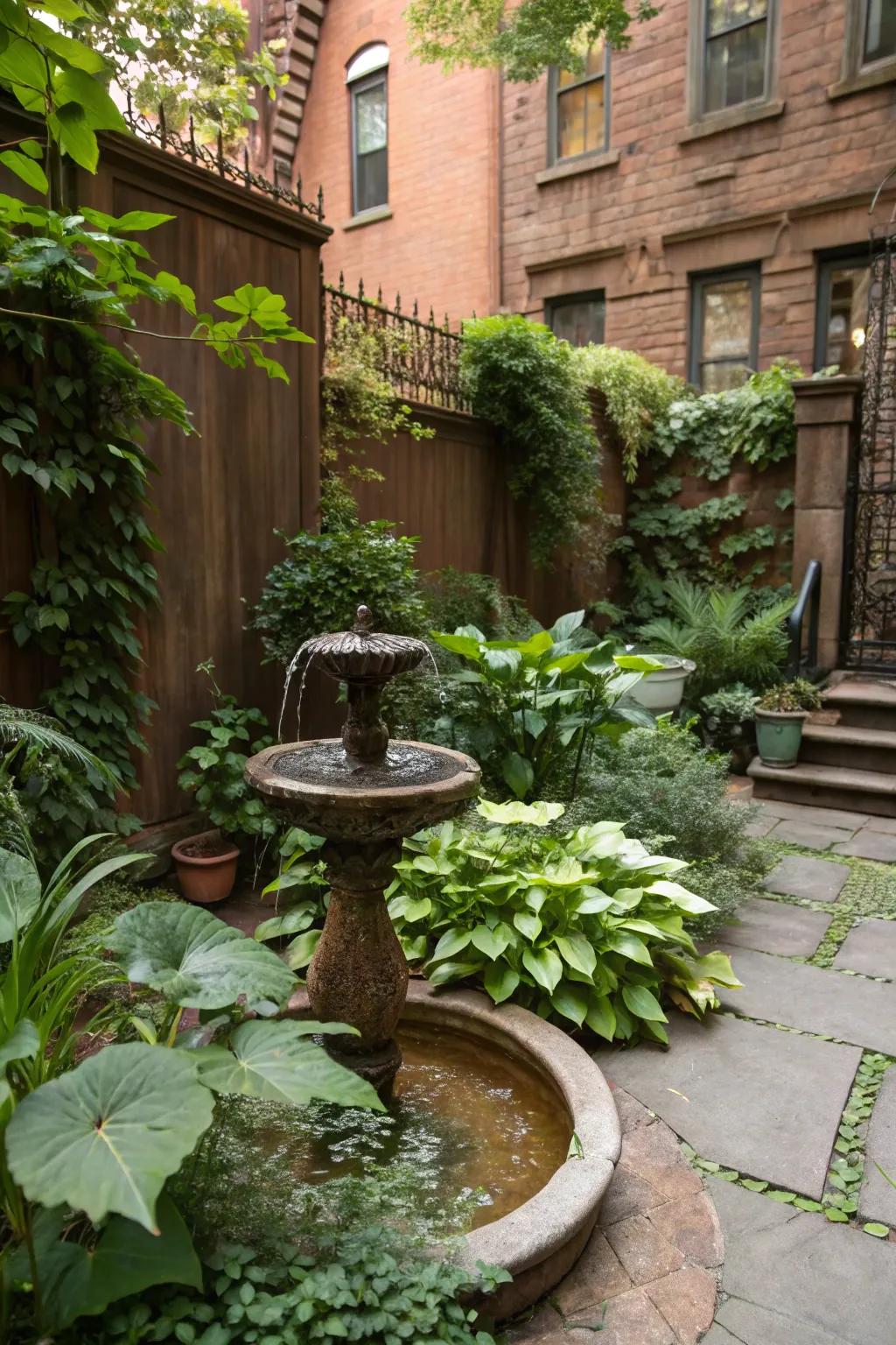 A water element brings tranquility and beauty to the backyard atmosphere.