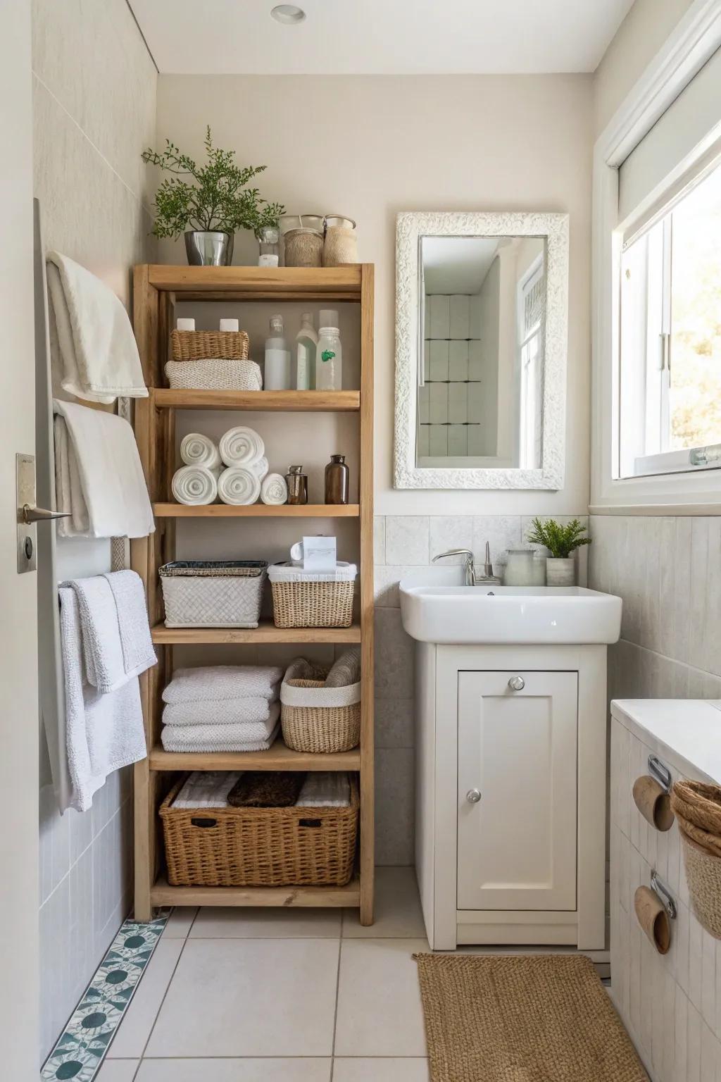 Open shelving offers accessible storage in a compact bathroom.