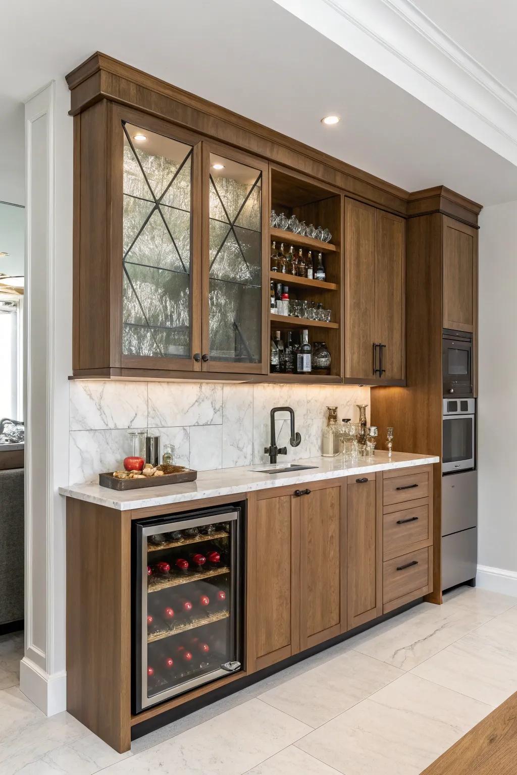 A fusion of different materials brings depth and character to this built-in bar.