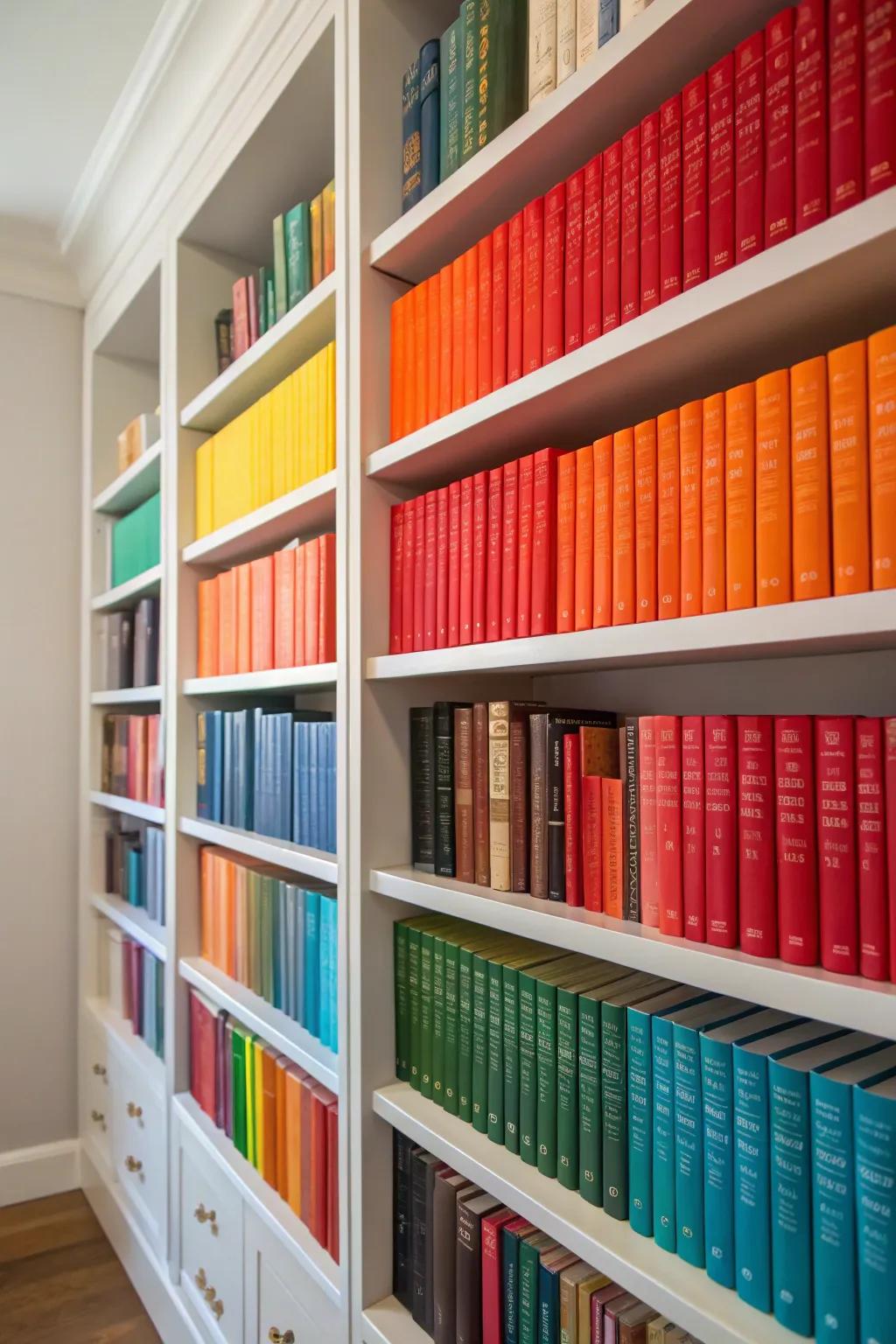 Color-coordinated bookshelves create a striking visual statement.