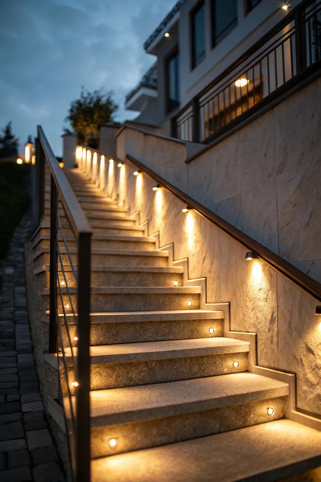 Delicate lighting accents on a stair bulkhead feature.