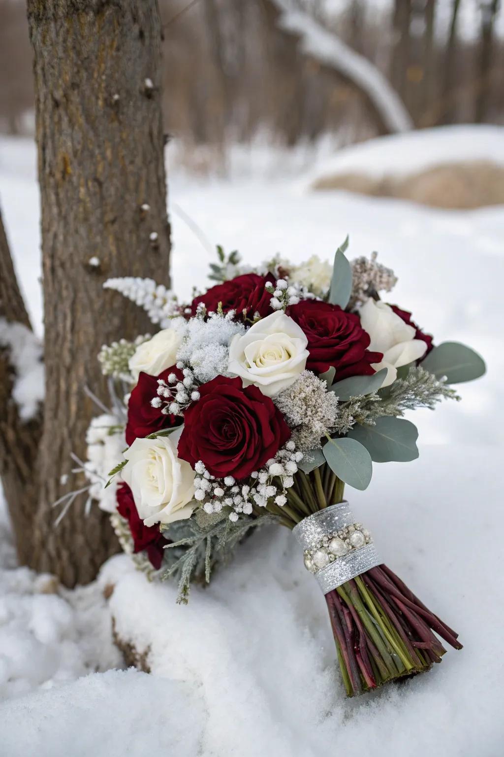 Winter-themed burgundy bouquet featuring white and silver accents.