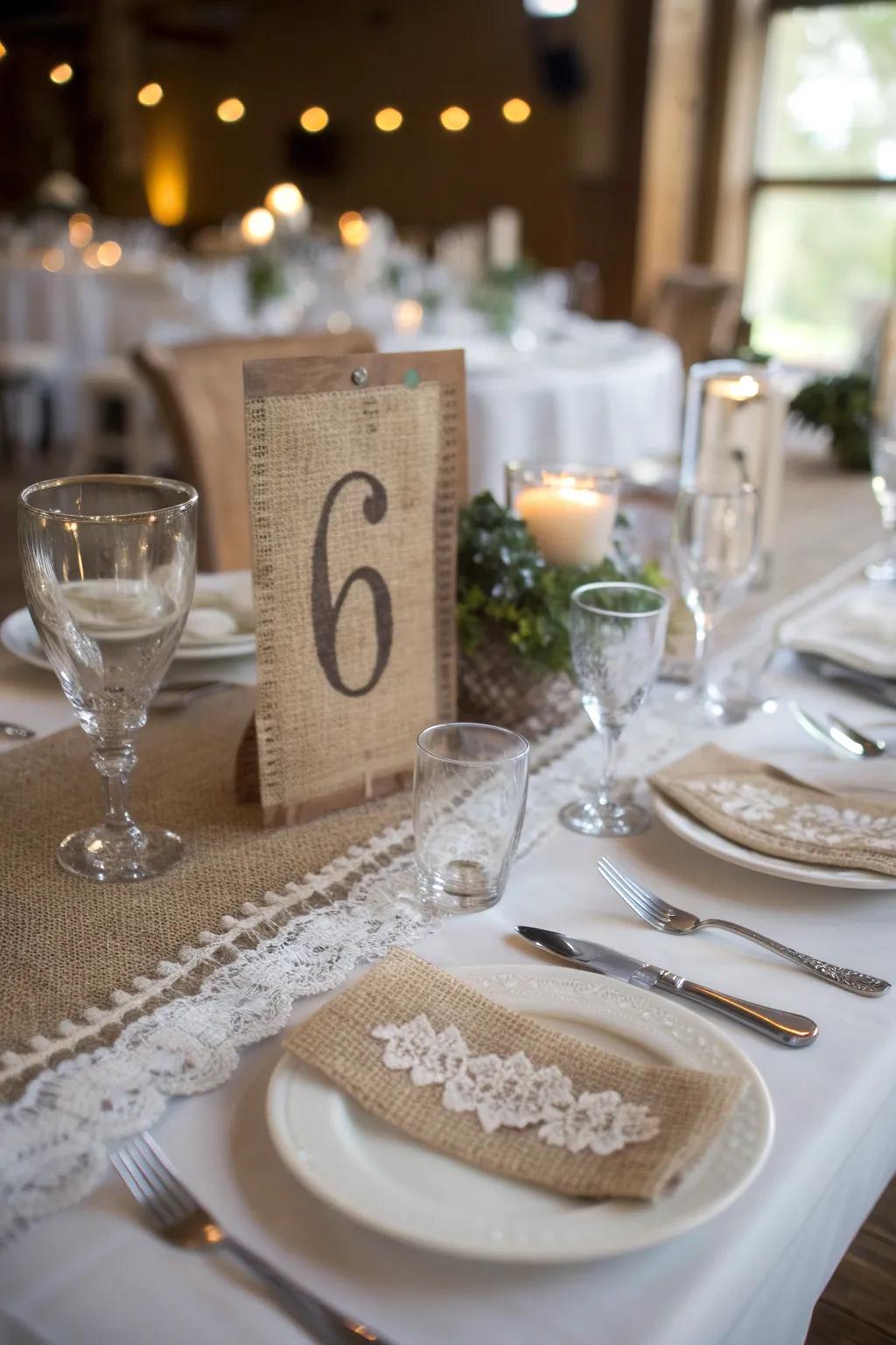 Elevate your table settings with hessian identifiers, crafted for a personal touch.