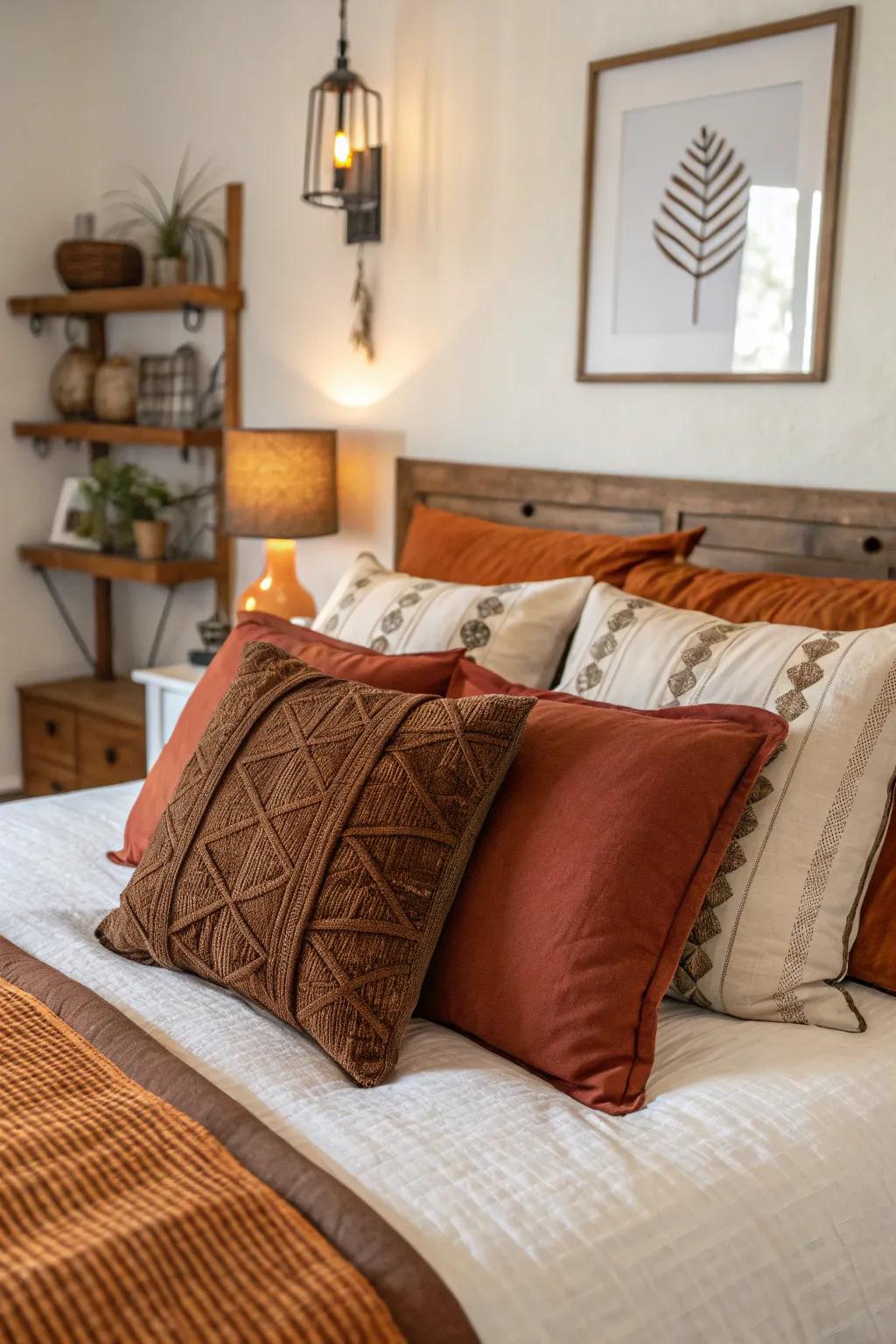 Accent pillows in burnt orange and brown inject texture and color, enhancing the room&rsquo;s visual appeal.