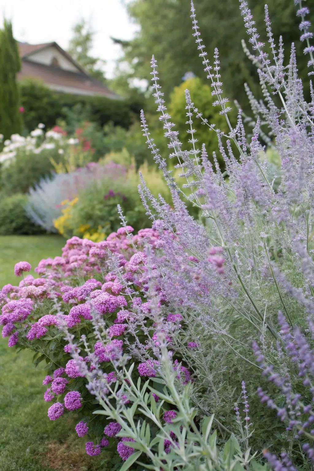 Glacier sage and flutter flower provide an alluring layered effect.