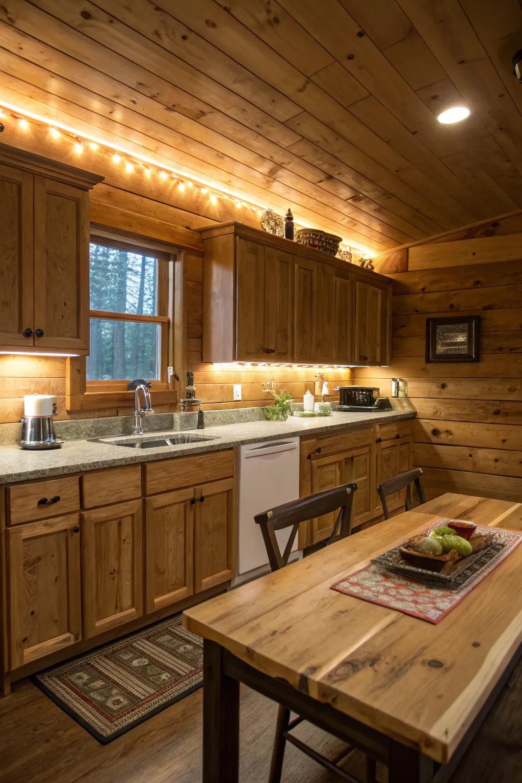 Under-cabinet lighting adding a practical touch to a cabin kitchen.