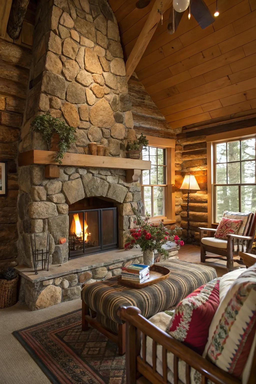 Natural stone accents introduce character and earthiness to the cabin.
