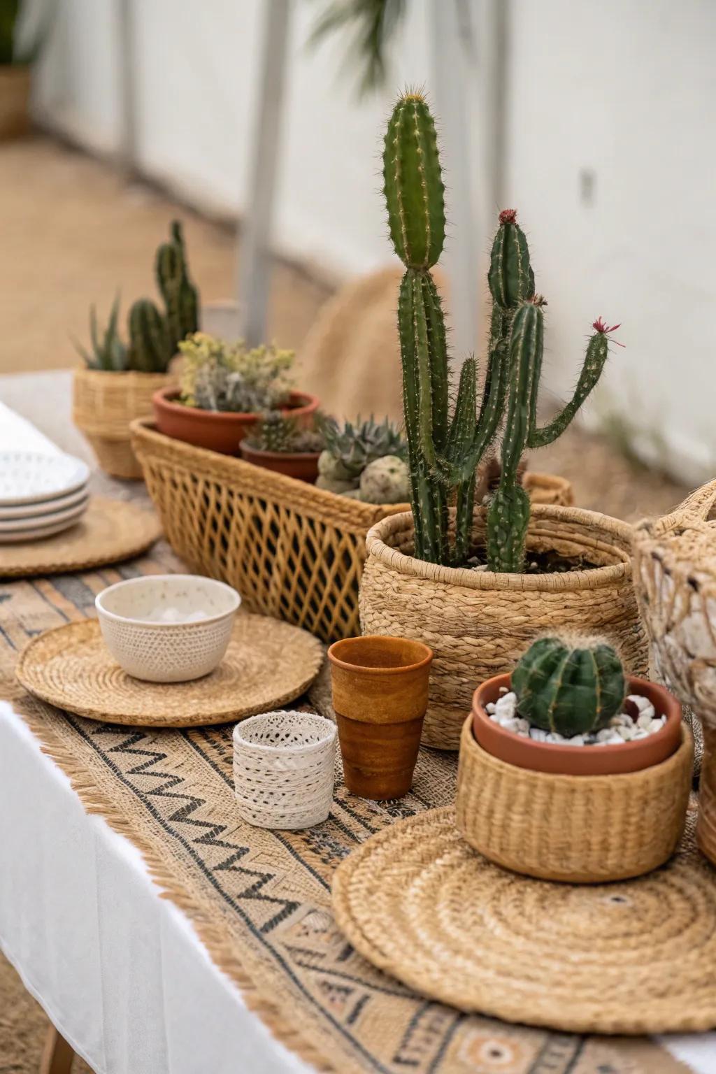 Bohemian impressions with cacti and interwoven textures fashion a tranquil environment.