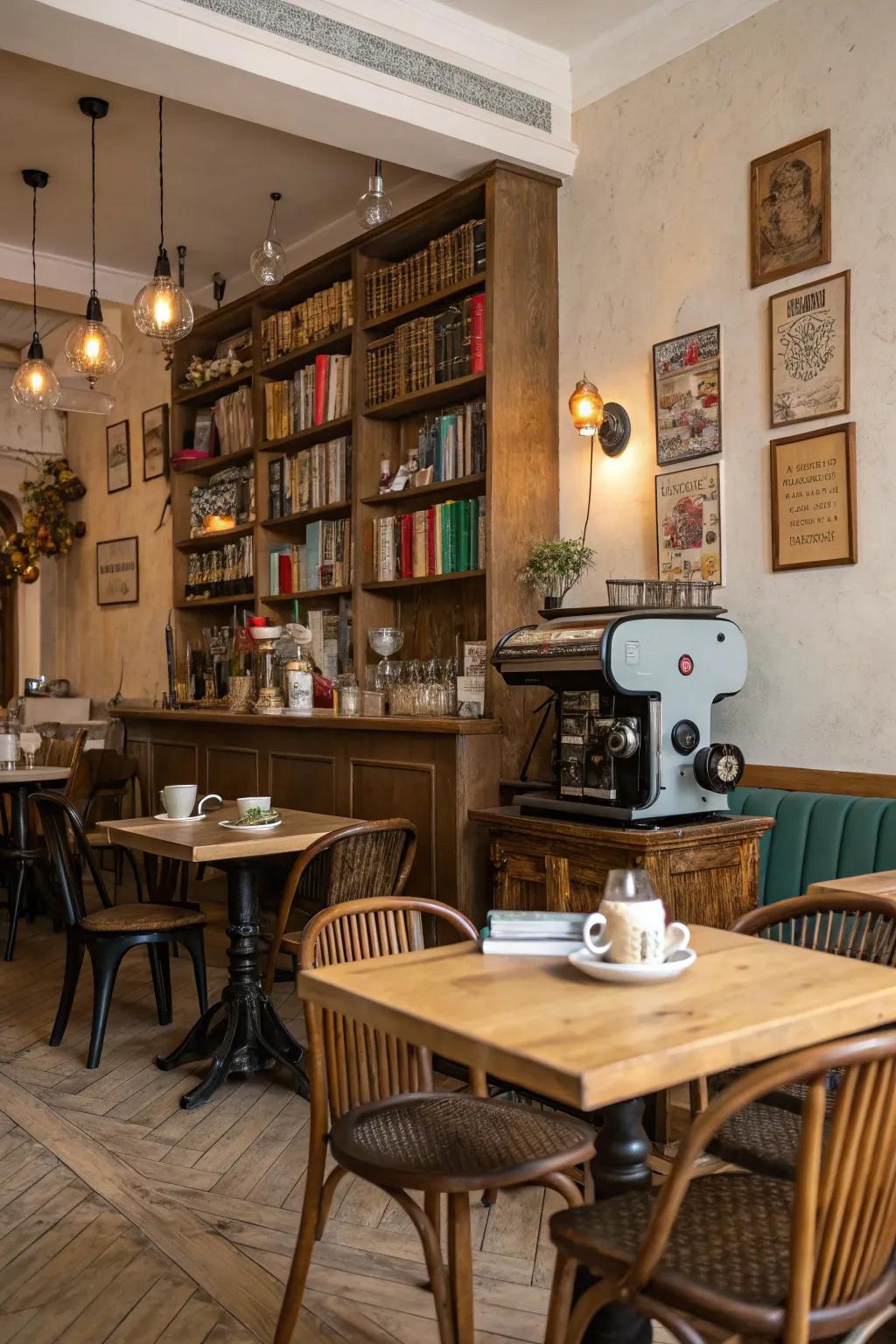 Vintage aspects inject nostalgic charm into your home cafe.