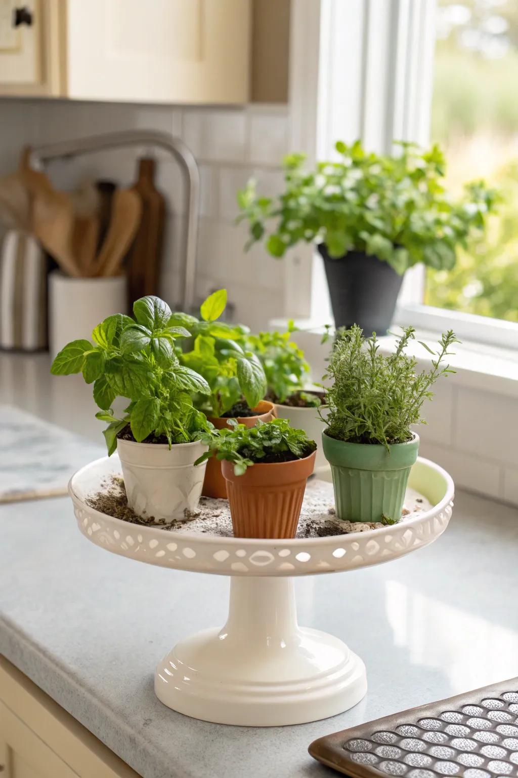 A mini herb garden on a cake stand adds greenery and practicality to your kitchen.