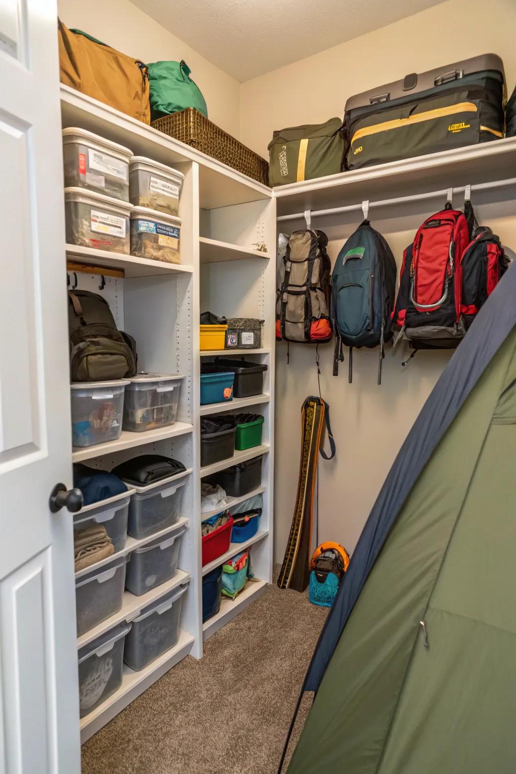 A dedicated equipment closet maintains camping equipment arranged and centralized.