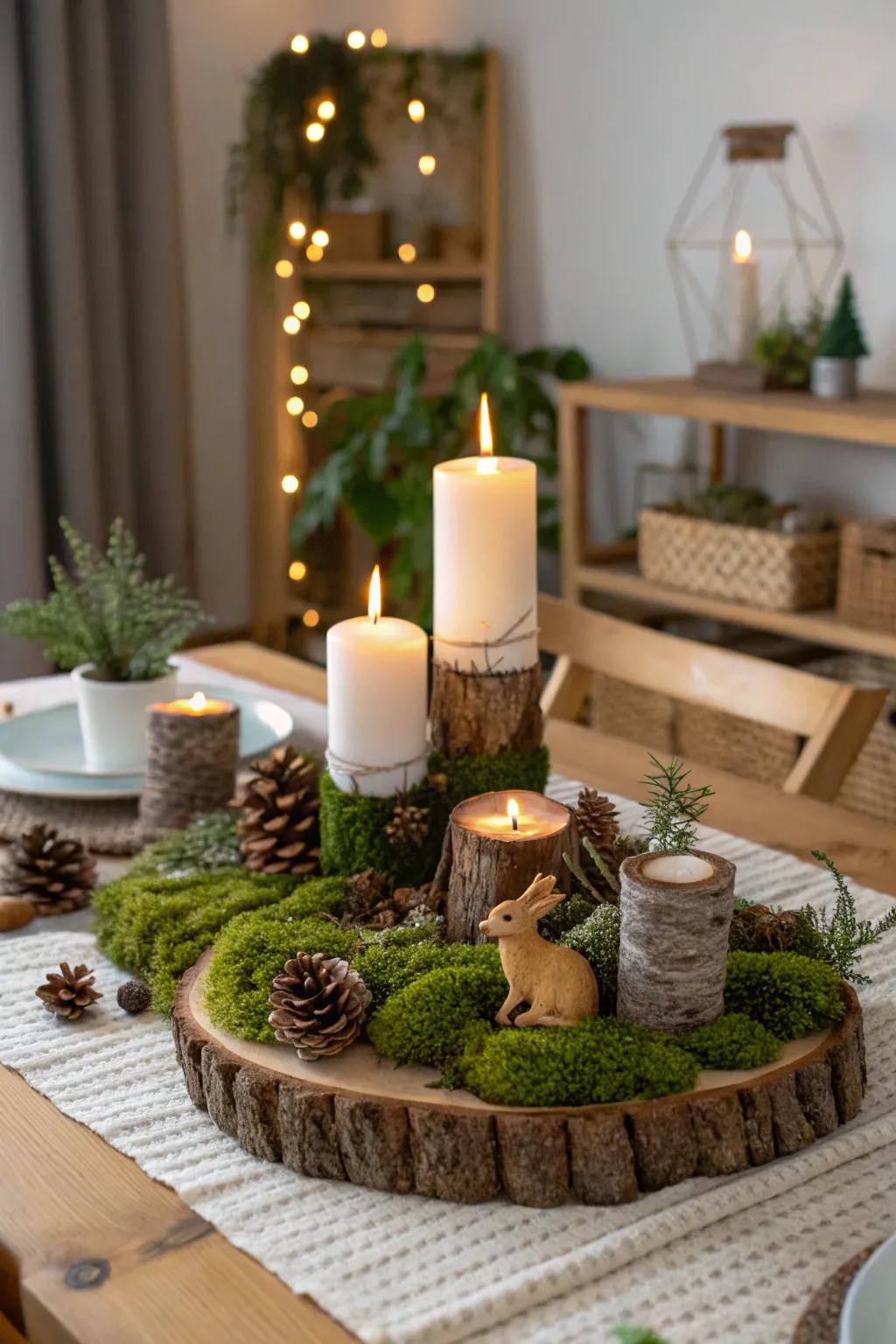 A woodland scene with candles offers a fairy tale touch to your decor.