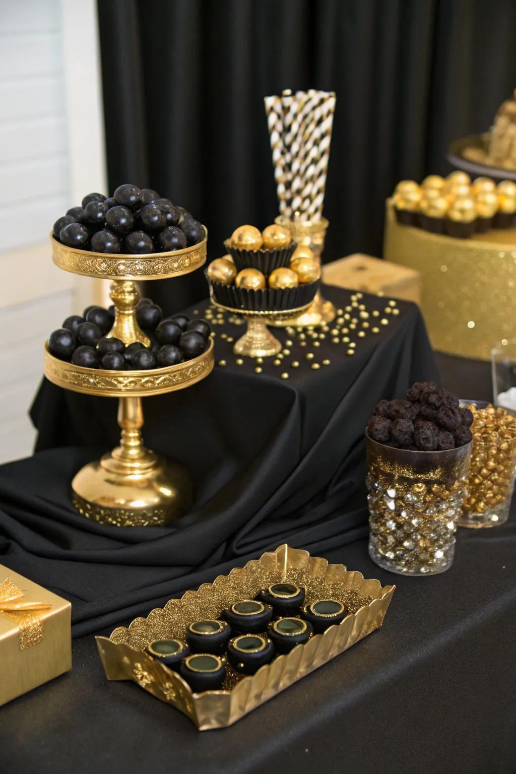 An opulent candy station shining with black and gold sophistication.