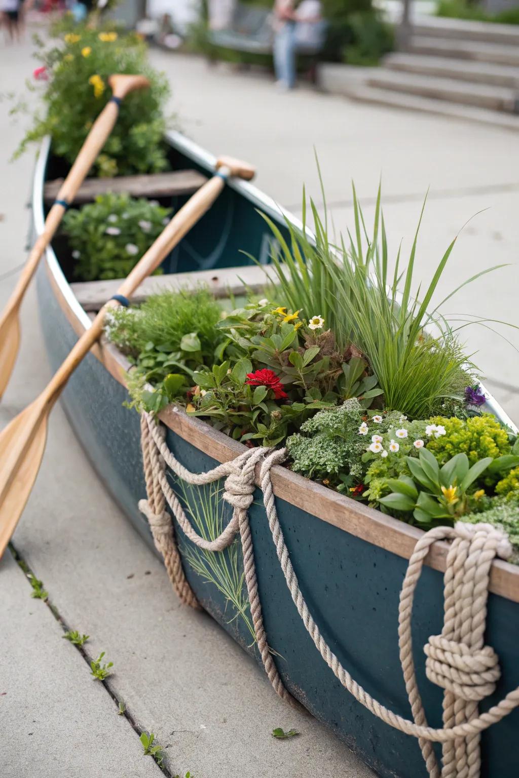 A nautical-themed boat planter transports you to the coast.