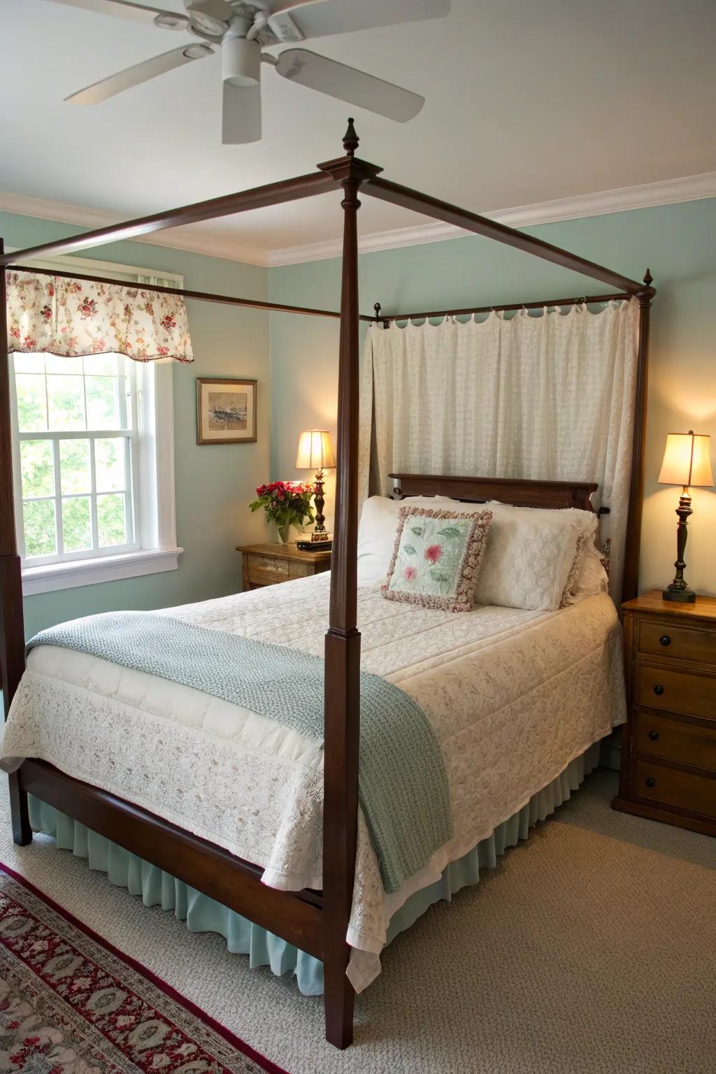 A half tester draping offers elegance without taking over the space.